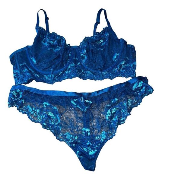 Torrid Curve Womens 2X Longline Lace Underwire Bra 3X Thong Panty Sea Blue - Picture 1 of 11
